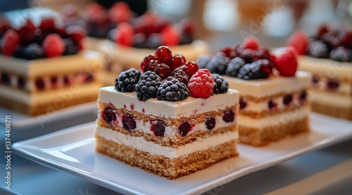 Delicious Berry Cake Slices Displayed on White Plates at a Dessert Gathering ...