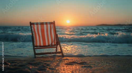 Relaxing Beach Chair Overlooking Sunset on Calm Ocean Waves