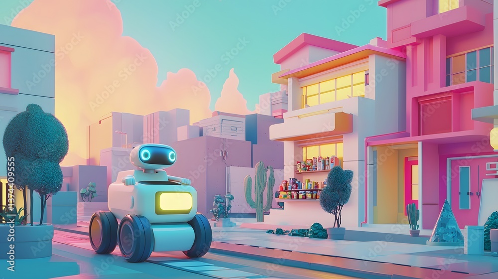Naklejka premium Robot delivers packages in a pastel town at sunset, for futuristic, urban transportation design