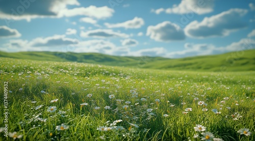 Lush Green Landscape Under a Bright Blue Sky With Fluffy Clouds in a Serene E...