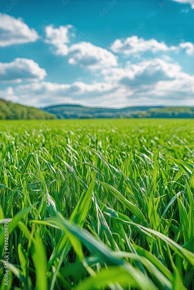 Fototapeta premium Fresh Green Grass Under a Bright Sky in a Serene Landscape During Afternoon Sunlight