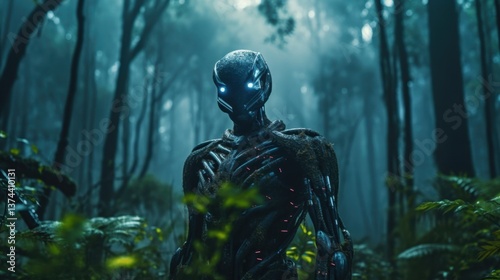 Robotic Figure Standing Amidst Dense Forest with Ethereal Lighting