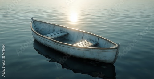Lonely Boat Floating on Calm Water During Golden Hour With Gentle Reflections