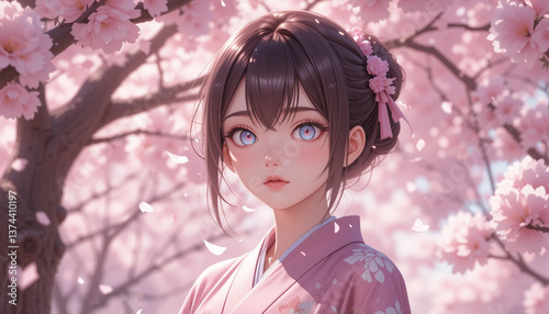 Captivating moment of a girl in traditional attire amidst blooming cherry blossoms during spring