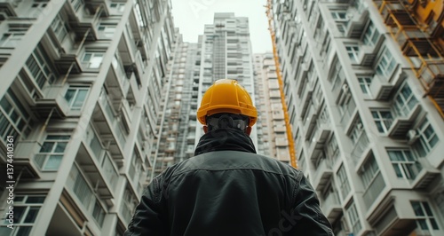 Construction Worker Observes High-Rise Buildings Under Cloudy Sky in Urban Se...