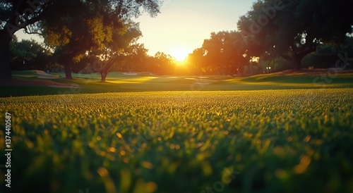 Sunrise Over a Park With Vibrant Trees and a Calm Grass Field in the Early Mo...