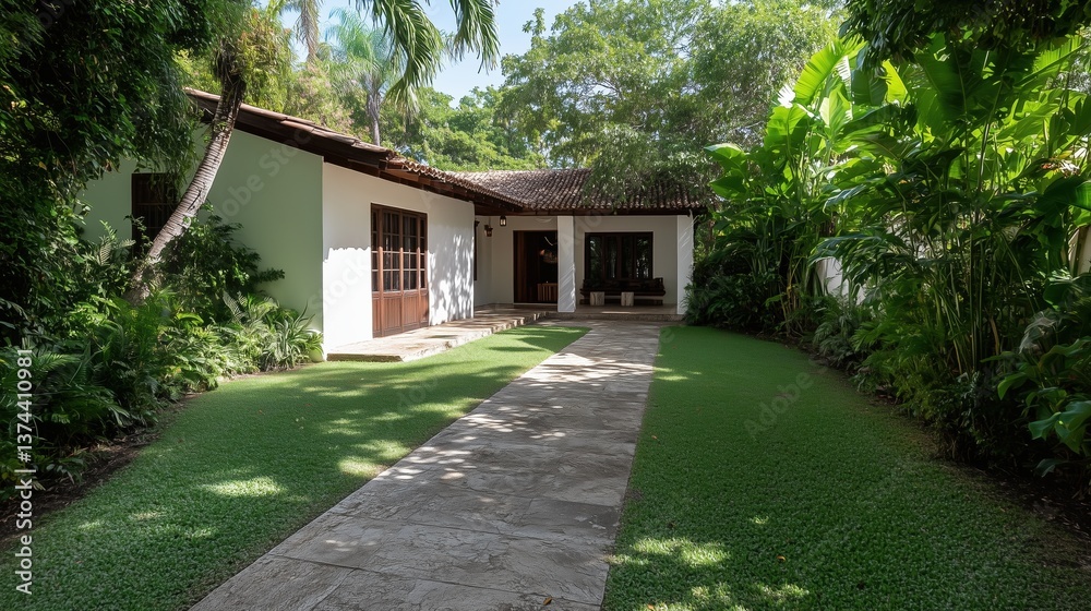 Naklejka premium A picturesque view of a house with a pathway leading towards it, embraced by greenery