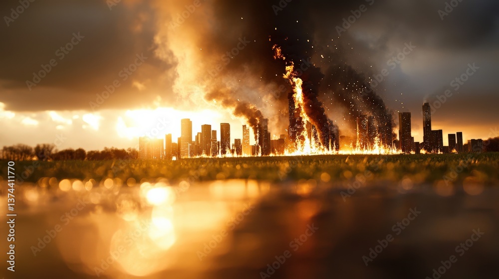 Obraz premium Catastrophic urban blaze fiery disaster strikes city skyline digital art dusk surrealism