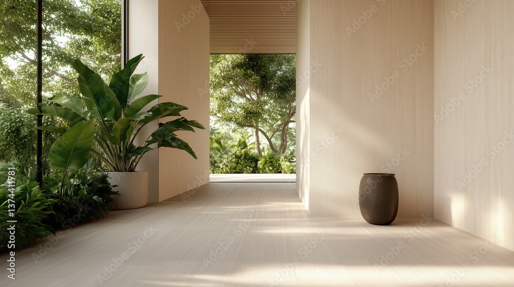 Obraz premium A bright and airy hallway of a modern home with large windows and lush greenery, featuring a decorative vase 
