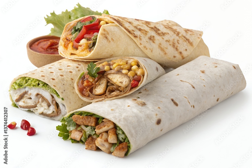 A tempting array of burritos, each filled with vibrant, flavorful ingredients, showcasing a delightful mix of textures and colors against a bright white background. A tempting array of burritos, each filled with vibrant, flavorful ingredients, showcasing a delightful mix of textures and colors against a bright white background.