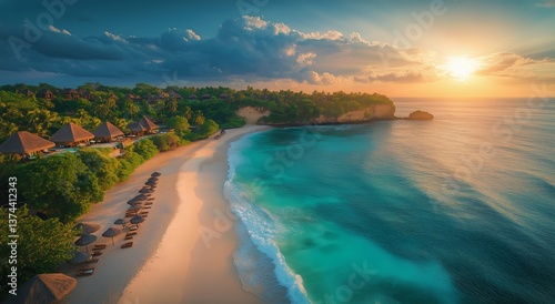 Sunset on a Pristine Beach With Clear Turquoise Waters and Palm Trees