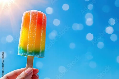 hand holding colorful summer popsicle against bright blue sky