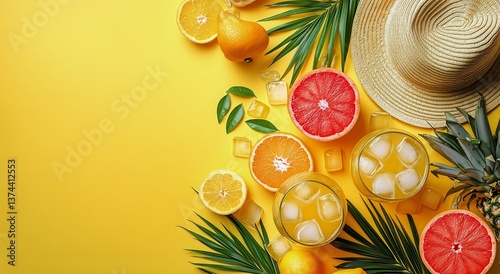 Refreshing Citrus Drinks With Ice on a Yellow Background Surrounded by Tropic...