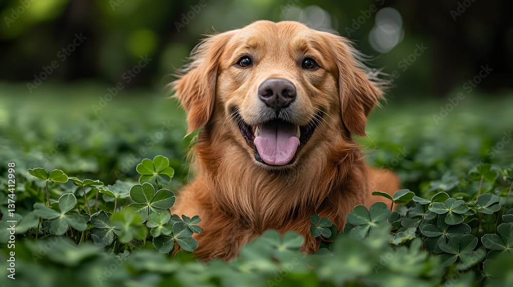 Happy Golden Retriever in Clover Patch (5) Happy Golden Retriever in Clover Patch (5)