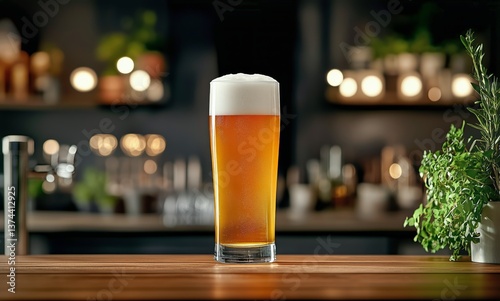 Refreshing Cold Beer Served in a Glass on a Wooden Table With Soft Lighting i...
