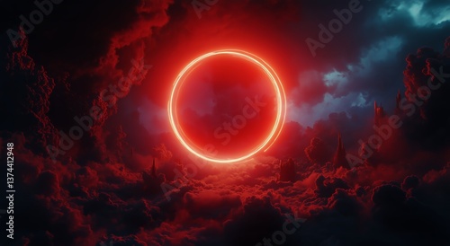 Vibrant Red Ring Surrounded by Dark Clouds During Celestial Event at Dusk