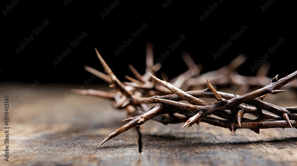 Fototapeta premium Thorny Crown on Rustic Wooden Surface with Dark Background