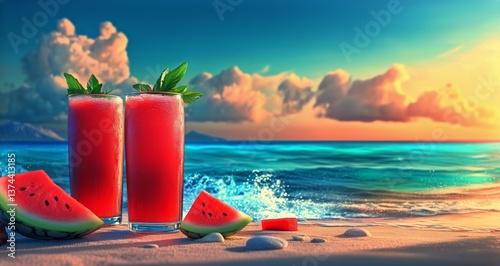 Refreshing Watermelon Juice on the Sandy Beach During a Sunny Day With Ocean ...