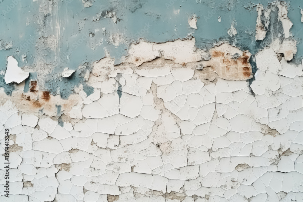 Obraz premium The wall is covered in peeling paint and has a blue and yellow color scheme.