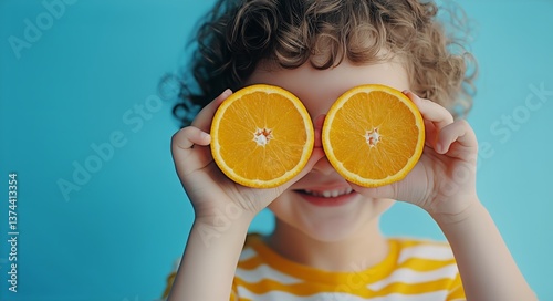 Child Joyfully Playing With Orange Halves Covering Eyes Against a Blue Backdrop