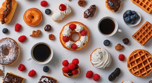 Festive Display of Assorted Donuts and Coffee on a White Table With Berries a...
