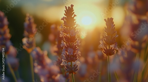 Bright Lavender Flowers Bloom Under Glowing Sunset Light in a Serene Garden S...