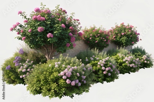 A serene garden bursting with pink hydrangeas and roses, nestled against a stone wall, bathed in soft sunlight.