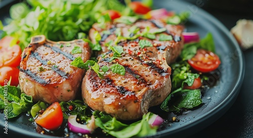 Grilled Steak Served With Fresh Herbs and Colorful Vegetable Salad