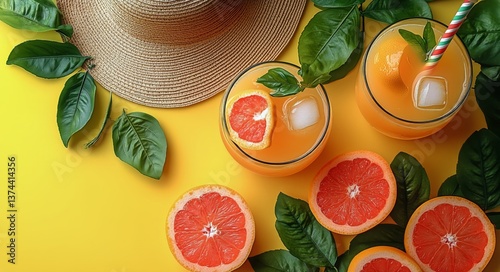 Fresh Tropical Drinks With Citrus Fruits and Hat on Yellow Background