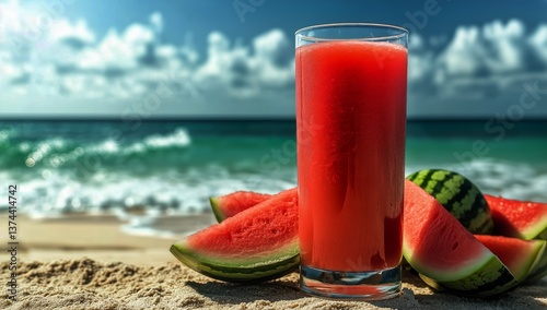 Refreshing Watermelon Juice on the Sandy Beach During a Sunny Day With Ocean ...