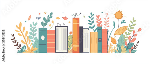 Back to School Colorful Books and Floral Illustration