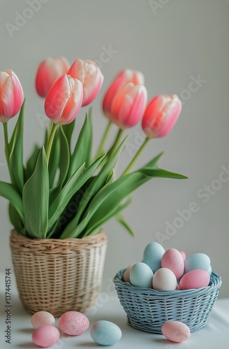 Colorful Tulips in a Woven Basket With Decorative Easter Eggs for Spring Cele...