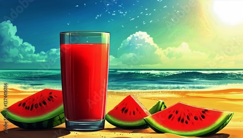 Refreshing Watermelon Drink on Sandy Beach at Sunset