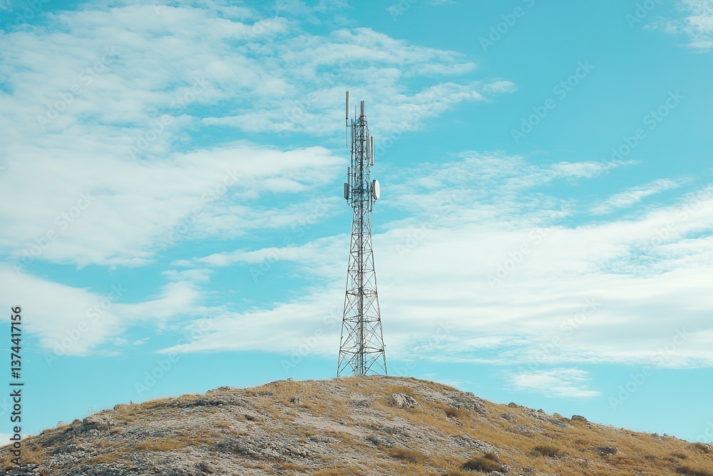 Telecommunication tower standing tall against a vibrant blue sky dotted with white clouds, symbolizing connectivity and communication in the modern world Telecommunication tower standing tall against a vibrant blue sky dotted with white clouds, symbolizing connectivity and communication in the modern world