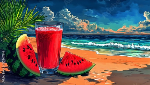 Refreshing Watermelon Drink on Sandy Beach at Sunset