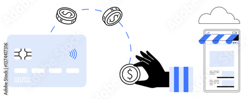 Credit card transfers coins to an online store via hand, emphasizing digital payment and e-commerce. Ideal for shopping, fintech, online business, digital wallet, transactions, services, flat simple