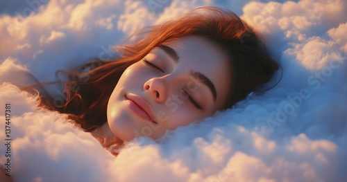 Woman Sleeping Peacefully Among Clouds During Sunset With Warm Sunlight Illum...