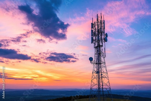 Telecommunication tower standing tall against a vibrant blue sky dotted with white clouds, symbolizing connectivity and communication in the modern world