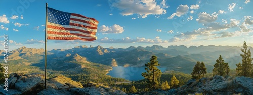 Majestic American Flag Waving Against a Panoramic Mountain Landscape at Sunset