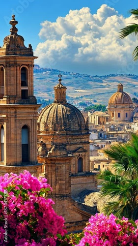 Historic architecture and vibrant flowers overlooking a Sicilian town during a sunny day