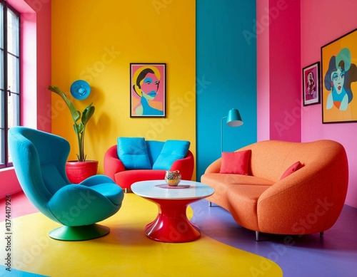Room interior  in pop art style: bright walls, furniture of unusual shape photo