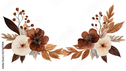 Fototapeta Naklejka Na Ścianę i Meble -  Floral decorative frame of brown leaves and flowers, cut out transparent