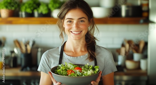 Smiling Woman Holds a Fresh Salad Bowl in Modern Kitchen During Daytime