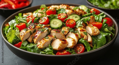 Fresh Grilled Chicken Salad With Vegetables Served in a Bowl During a Sunny Day