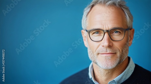 Handsome Older Man With Glasses Smiling Against a Solid Blue Background