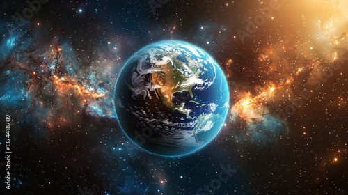 A view of Earth from space surrounded by stars and the moon