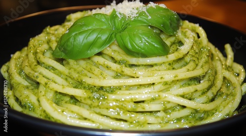 Delicious Spaghetti With Fresh Basil and Grated Cheese Served in a Black Bowl