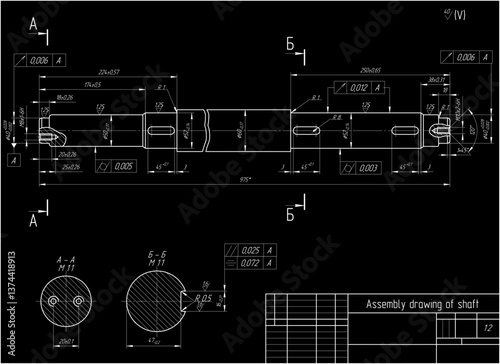 Assembly drawing of shaft of electrical reducer.
Vector design of steel mechanical device with 
dimension lines.
Engineering technic computer cad scheme on 
paper sheet. Hand drawn pencil sketch.