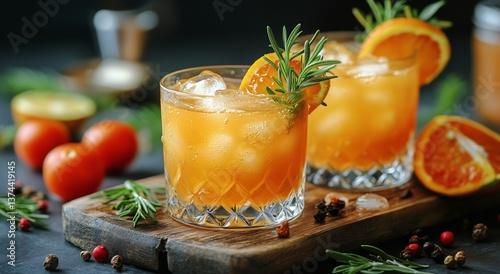 Refreshing Citrus Cocktails Served With Rosemary on a Wooden Board in a Vibra...