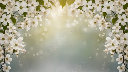 White dogwood flowers arch border with bokeh background
